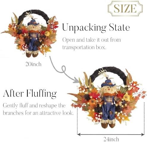 valery madelyn 24" collapsible scarecrow doll fall wreath, front angle view
