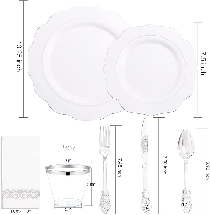 NOCCUR 175pcs Silver Plastic Plates - Silver Rim Plastic Tableware Include 25 Dinner/Dessert Plates, 25 Forks, 25 Knives, 25 Spoons for Wedding/Party/Christmas