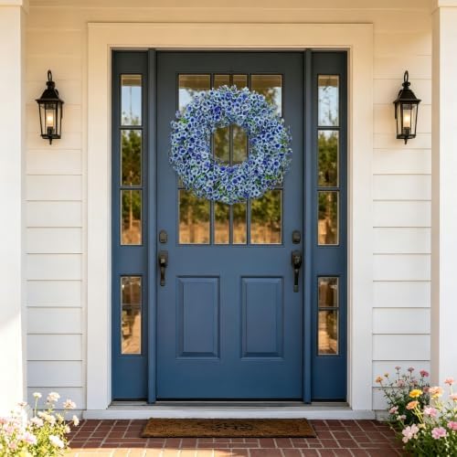 24" blue artificial floral wreath for front door, package contents