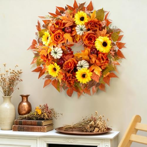 24" fall wreath for front door harvest with, close-up detail