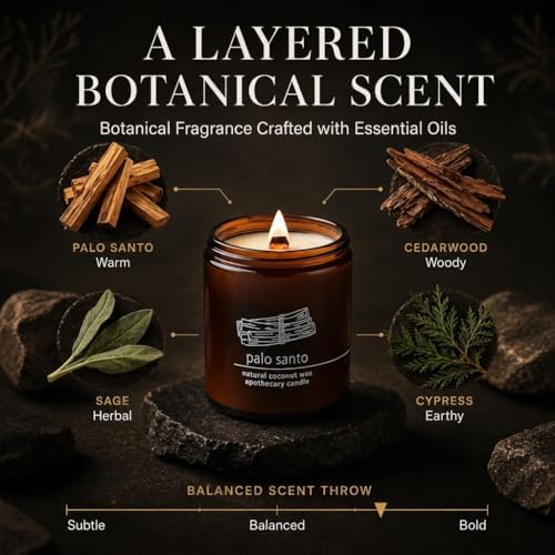 Hemlock Park Palo Santo Apothecary Scented Candle | Crackling Wood Wick, Botanical Fragrance & Coconut Apricot Wax | Up to 60 Hour Burn Time | 8 oz | Made in USA