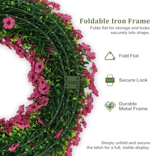 24" fuchsia artificial floral wreath for front door, side view