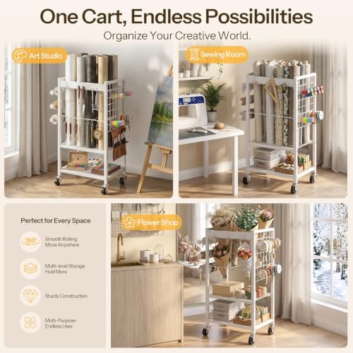 hoobro wrapping paper storage cart, rolling craft storage showing dimensions