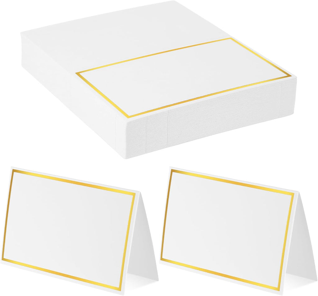 50Pcs Place Cards, Table Name Cards with Gold Foil, Place Card for Table Setting Food Labels for Party Buffet, Wedding Places Card Tent Carded for Dinner Parties,Events, Bridal Shower(White)