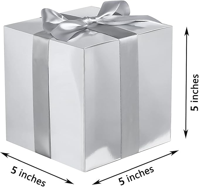 COTOPHER Small Gift Boxes 25 Pack 5x5x5 inches Silver Gift Boxes with Lids for Gifts, Crafting, Wedding Party Favor, Cupcake Boxes, Candy, Bridesmaids Proposal Box with Ribbons and Stickers