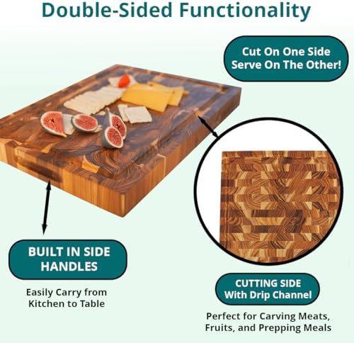 ecodecors fsc certified teak end grain cutting board shown in use