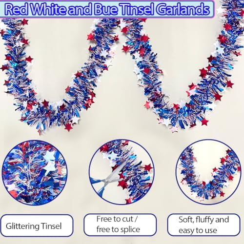 4th of July Red White Blue Star Tinsel Garland - 33 Ft Memorial Day Patriotic Decoration Independence Day Metallic Tree Garland Glitter Tinsel Hanging Twist for Veterans Day Decor