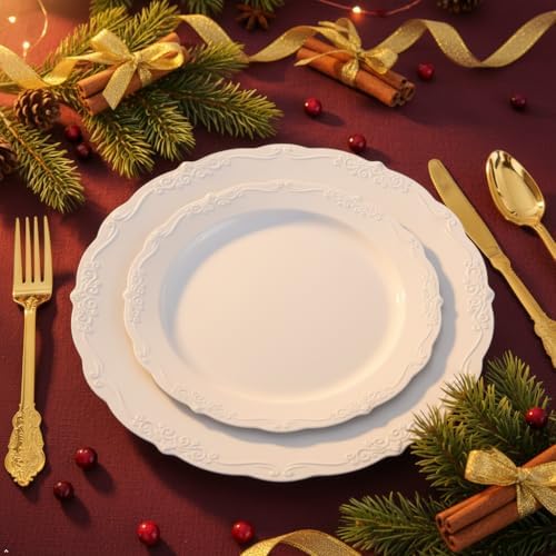 U-QE 100 Pcs White Plastic Plates, White Plates Disposable for Party