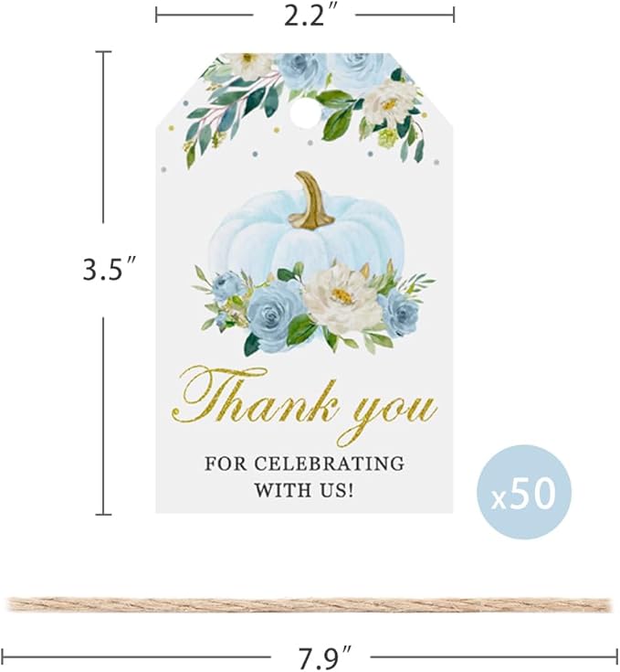 50 Pcs Pumpkin Gift Tags, Fall Theme Gift Tags with String, Thank You for Celebrating with Us Tags for Wedding Thanksgiving Birthday Baby Shower Party Favors (Color Blue)