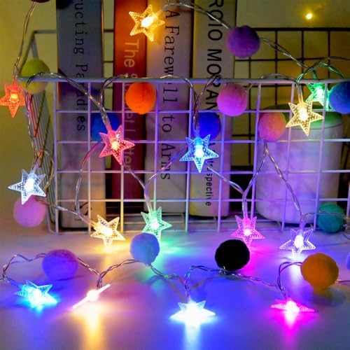 9.85FT String Lights for Kids Room with 20 Cute PomPoms 20 Colorful Star LED Indoor String Lights Battery Operated with Timer for Girls Bedroom Birthday Party Kids Playhouse Wedding Party Decoration