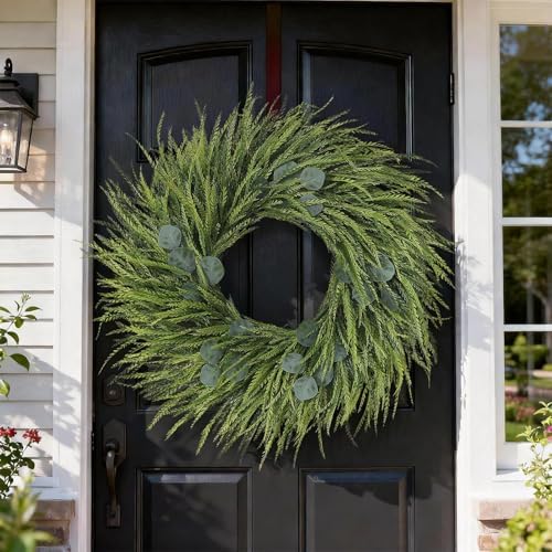 26" artificial eucalyptus with fake saw grass wreath, front angle view