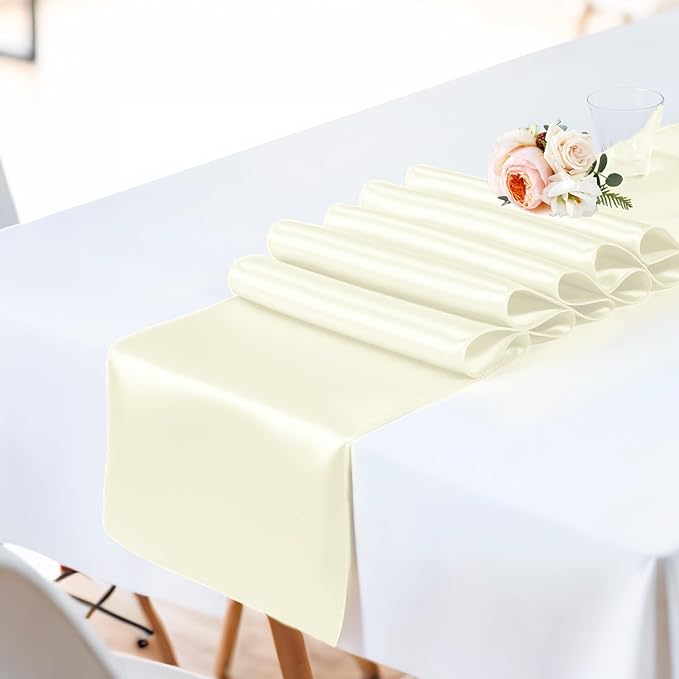 SHEJIZE 2 Pack White Satin Table Runner 12x108 Inches Long, Bright Silky Smooth Satin Table Runner Table Decor for Wedding Banquet Christmas Prom Event Birthday Party