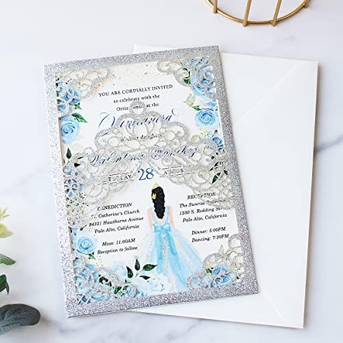Hosmsua 50PCS 5.1x7.3 Inch Silver Glitter Quinceanera Invitations Cards Laser Cut Floral Crown Pocket Invitation with Envelopes for Birthday Bridal Shower