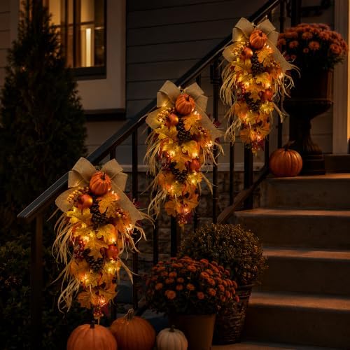 21 inch lighted fall teardrop swag with pumpkins, front angle view