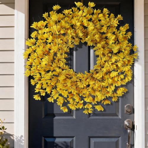 24" artificial yellow forsythia flower wreath for front shown in use