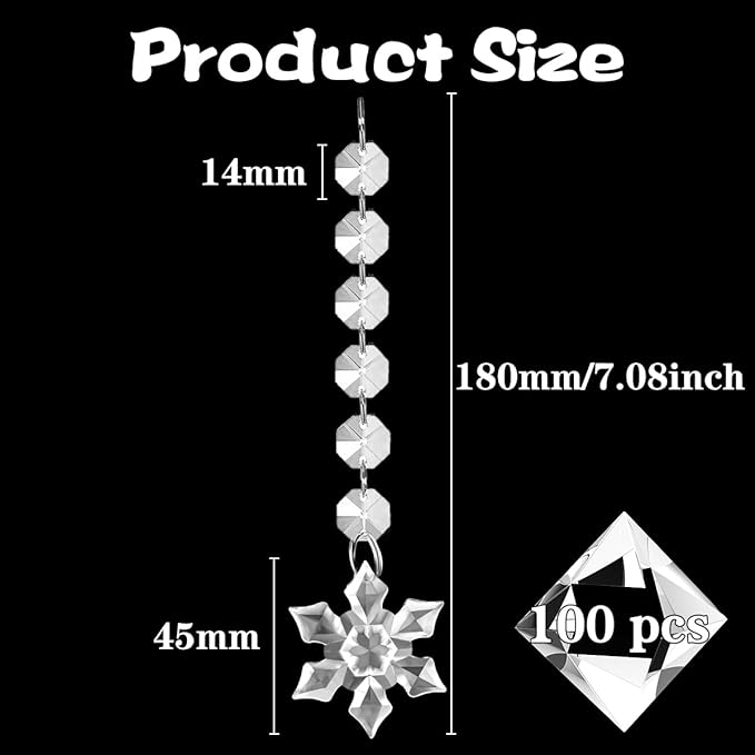 100 Pack Hanging Crystals - Clear Acrylic Prisms Pendant Ornaments for Christmas Tree, Centerpieces, Chandelier, Window & Home Decor, Ideal for Weddings, Parties Decorations (Snowflake)