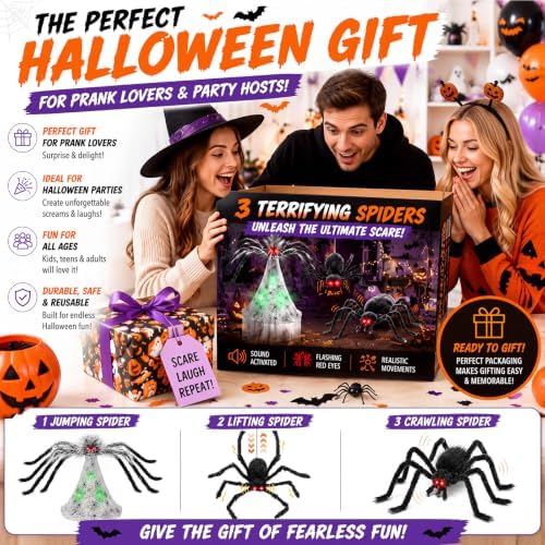 34" halloween animatronic spiders decor, jumping wriggling climbing on a desk or shelf