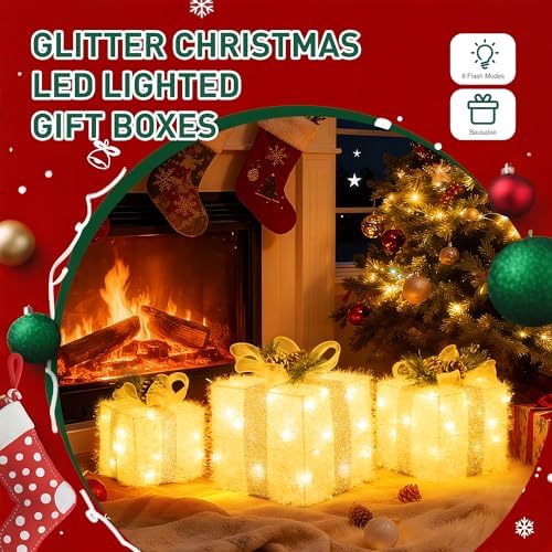unusroom set of 3 christmas lighted gift boxes,outdoor, package contents