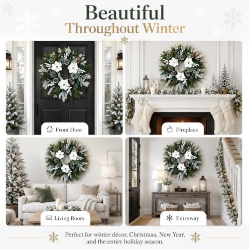 28inch winter wreath for front door, frosted magnolia, package contents