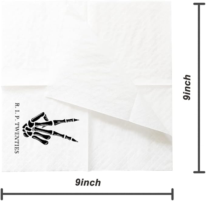 SharkBliss RIP Twenties Cocktail Napkins, 100 Pack RIP Twenties Death to My 20s Dirty 30 Birthday Paper Cocktail Beverage Napkins in Bulk for 30th Birthday | 2-Ply, 5x5" (RIP Twenties Napkins)