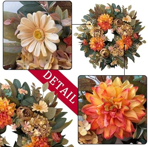 wanna-cul 24in fall front door wreath dahlia hydrangea shown in use
