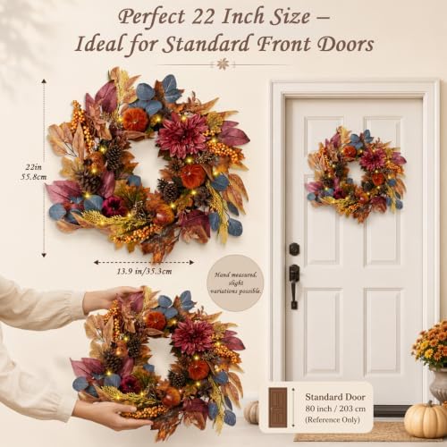 22 inch fall wreath for front door, artificial on a desk or shelf