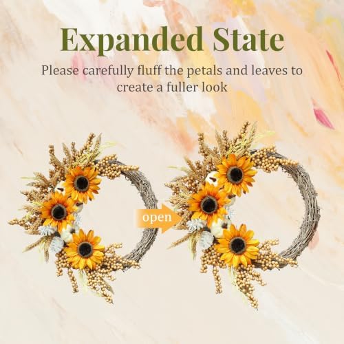 20 inch sunflower fall wreath for front door showing dimensions