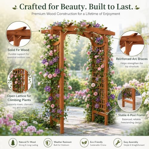 solid fir wood garden arch trellis for climbing, side view