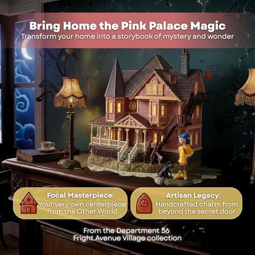 department 56 coraline pink palace apartments village set shown in use