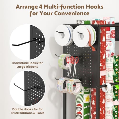 wrapping paper storage cart, rolling gift wrap station, side view