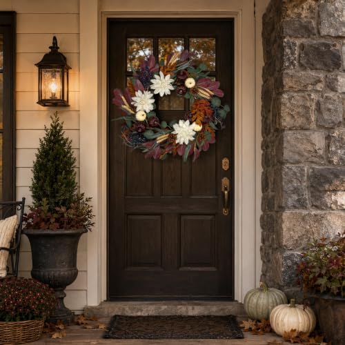 24 inch fall wreath for front door, autumn shown in use