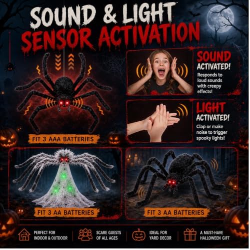 34" halloween animatronic spiders decor, jumping wriggling climbing, close-up detail