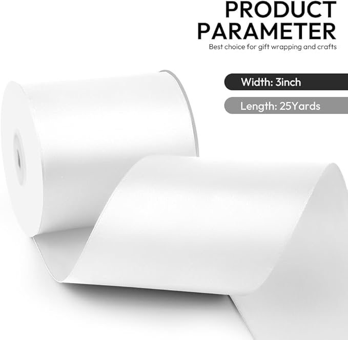 3 Inch 25 Yard Wide Satin Ribbon White, Solid Fabric Large Ribbon Roll for Cutting Ceremony Wedding Opening Party Decoration, Chairs, Sewing, Festival Pageant Sashes