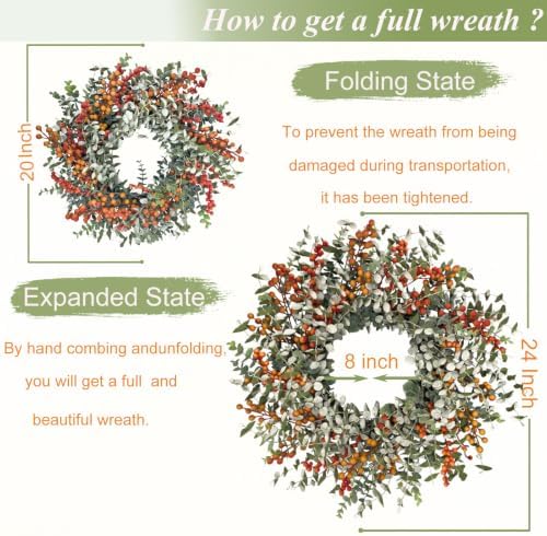 24" fall eucalyptus boxwood wreath, orange berries front, side view
