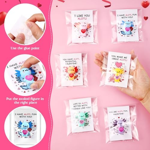 Gejoy 25 Sets Valentines Axolotl Figurines Gifts Positive Mini Axolotl with Positive Card Gift Bags for Valentine's Day Birthday Party Coworkers Employees