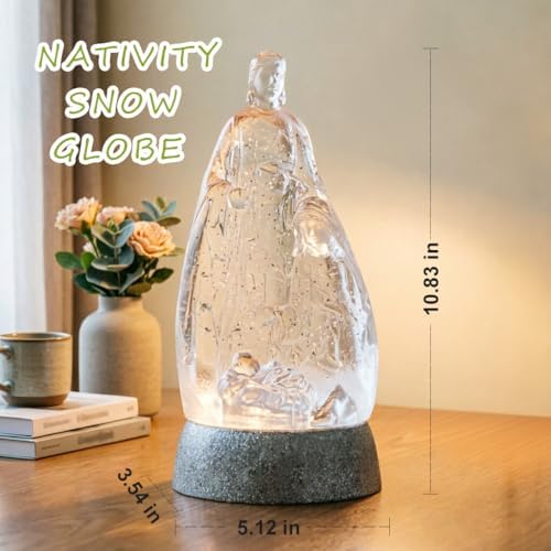 Nativity Snow Globe Holy Family Lighted Snowglobe Lantern with 6H Timer, Battery Operated Nativity Water Globe, White Nativity Scene Religious Decor Gift for Prayer Room, Church, Tabletop, Home Décor