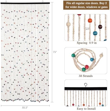 anminy bamboo wood beaded curtain, handmade colorful 38 showing dimensions