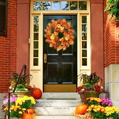 24 inch fall wreath for front door, pumpkin showing dimensions