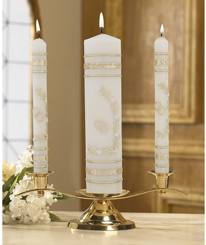 CB Church Supply Hand Crafted Wedding Candle Set by Will & Baumer, Set of 3, Flowers & Rings