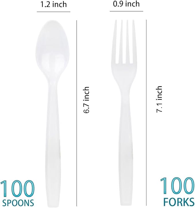 200 Count White Plastic Silverware, Heavy Weight Plastic Forks Spoons Disposable Utensils Cutlery Set for Wedding Party Supplies Everyday Use