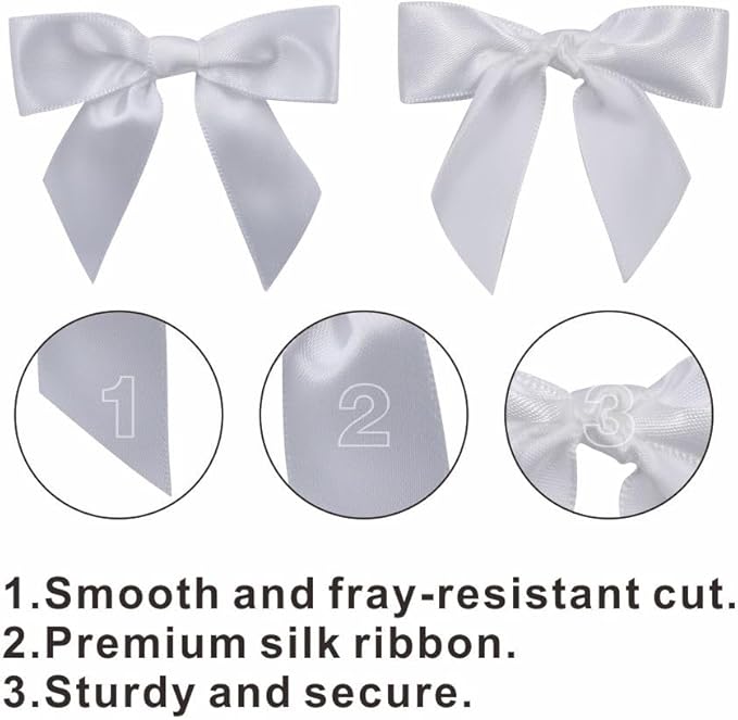 2.5" Hgzgch White Satin Ribbon Bow for Gift Wrapping, Premade Bows for Crafts, Cake, Party Favors, Handmade Bows with Double-Sided Tape, Self Adhesive Gift Bows for Presents, Treats, Christmas - 50pcs