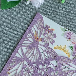 20 PCS 5.12x7.2 Butterfly Personalized Quinceanera Invitation, Customized XV Anos Laser Cut Invitation Cards with Envelopes (Purple Glitter Personalized)