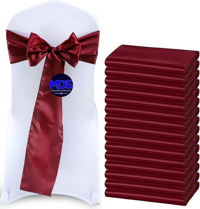 MDS Pack of 125 PCS Satin Chair Sashes Charmeuse Sateen Dining Chair Bows Ribbon Ties Back Sash for Wedding Party Birthday Home Hotel Restaurant Banquet Decoration (7 x 108 Inch, Burgundy)
