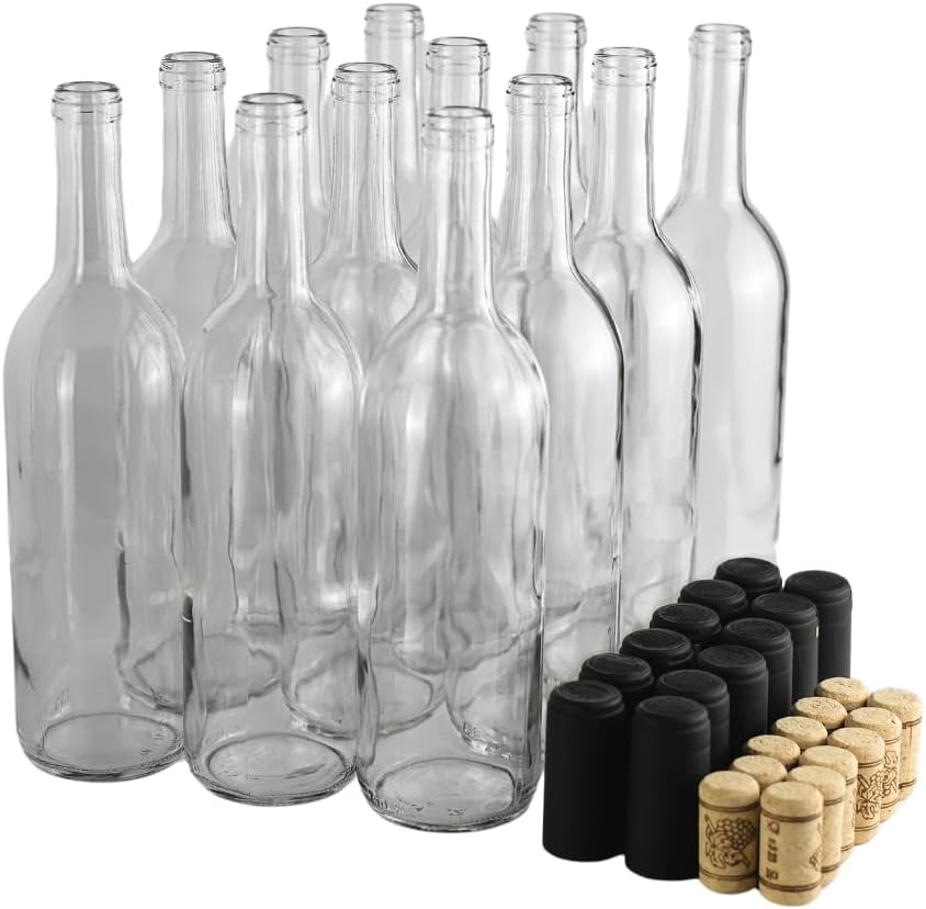 750ml Wine Bottles with Cork, Clear W5 Bordeaux, 12-Pack w/ Shrink Sleeves