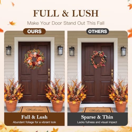 26” fall wreaths for front door, autumn harvest showing dimensions