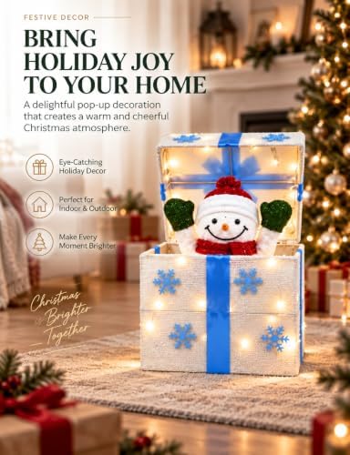 christmas decorations outdoor, lighted pop-up snowman gift box, side view