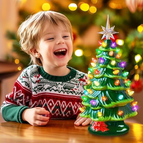 brightown 13 inch ceramic christmas tree, pre-lit tabletop shown in use