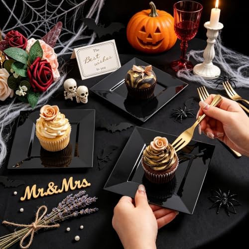 supernal 200pcs black square plastic dessert cake plates, side view