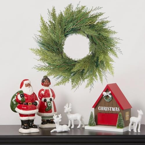 20” green faux norfolk pine christmas winter wreath, close-up detail