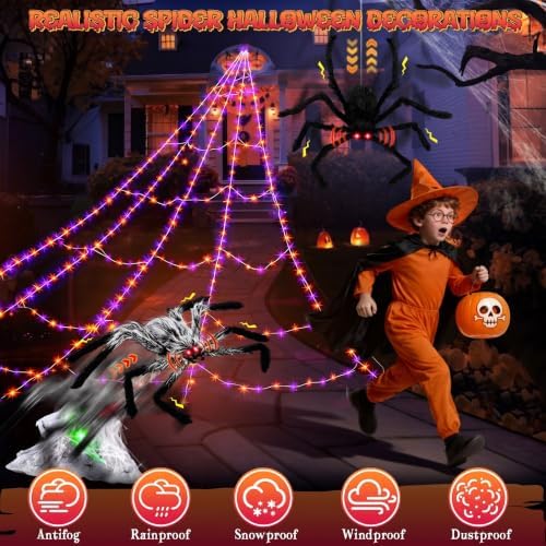 halloween spider web lights decor+2 animatronic 34'' jumping showing dimensions